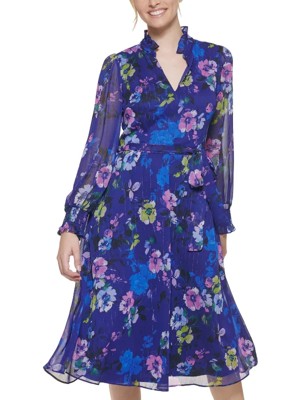 Your Shopping Spree Starts Here!Petites Womens Ruffle Shimmer Midi Dress