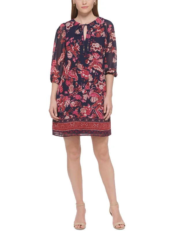 Lowest Prices Guaranteed!Petites Womens Tie Neck Short Mini Dress