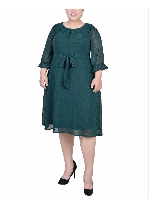 Limited Time Offer!Plus Womens Embroidered Dots Gathered Neckline Midi Dress