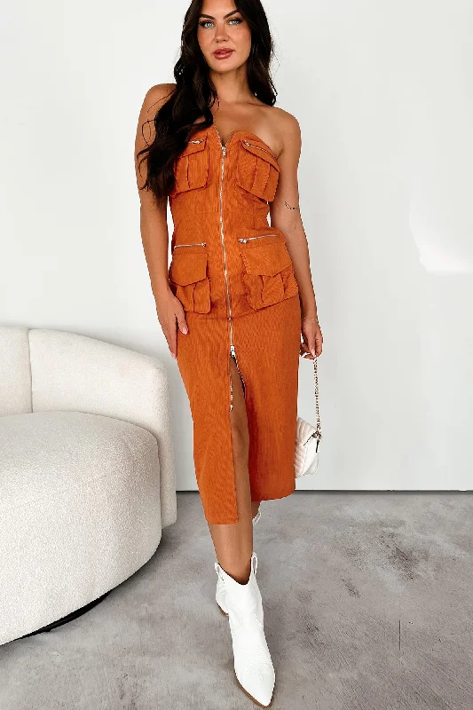 Crazy Discounts Inside!Quincy Zip-Front Strapless Cargo Dress (Burnt Orange)