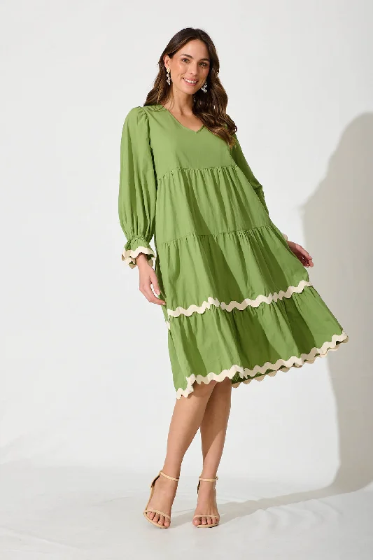 Shop Today, Save Tomorrow!Ramona Midi Smock Dress In Green Cotton With Ric Rac Trim