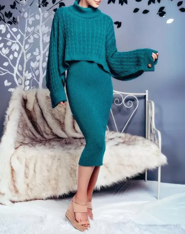 Today’s Deals, Tomorrow’s Regrets!Ribbed Midi Dress And Turtleneck Sweater Set In Teal