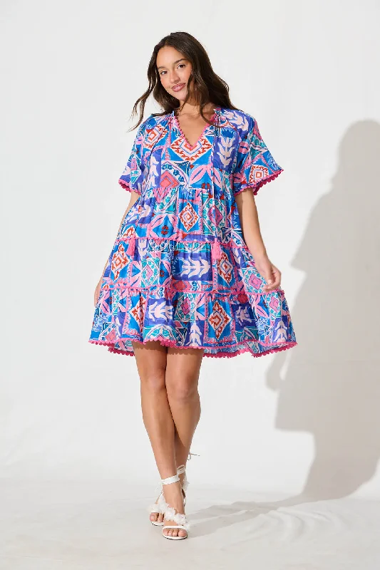 Grab Yours Before It’s Too Late!Rodine Smock Dress in Pink and Blue Multi with Contrast trim