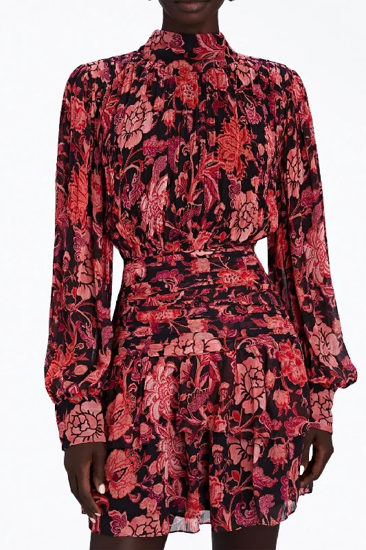 Get Ready to Save!Ruched Floral-Print Georgette Mini Dress In Crimson Red