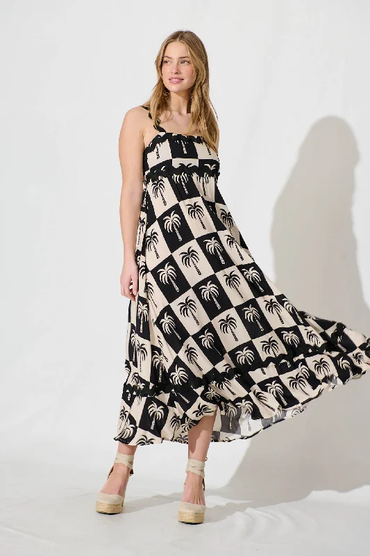 Limited Time Offer!Sahara Maxi Sundress In Black Palm With Black Ric Rac Trim