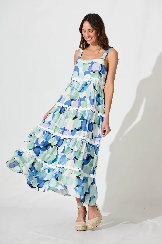 Upgrade for Less!Sahara Maxi Sundress In Blue Print With White Ric Rac Trim
