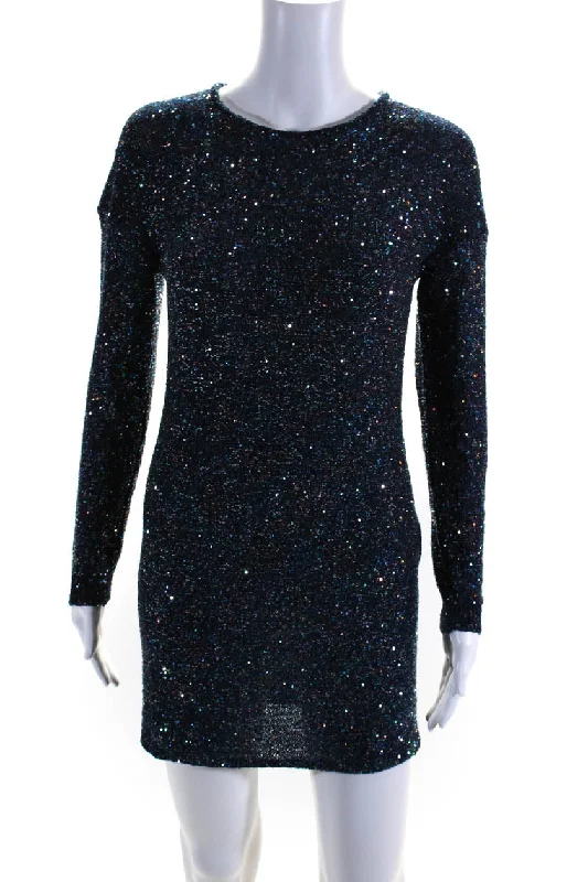Limited Time Offer!Limited Time Offer!Saint Laurent Womens Blue Sequins Crew Neck Long Sleeve Mini Dress