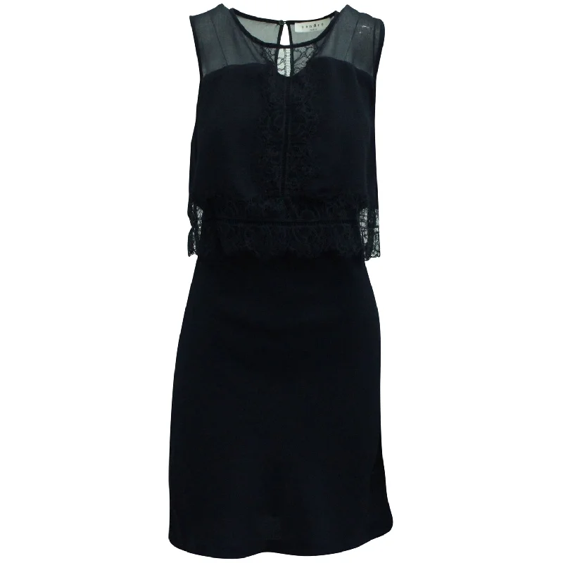 New Discounts Just Dropped!Sandro Paris Lace Detailed Mini Dress in Navy Blue Viscose New Discounts Just Dropped!Sandro Paris Lace Detailed Mini Dress in Navy Blue Viscose