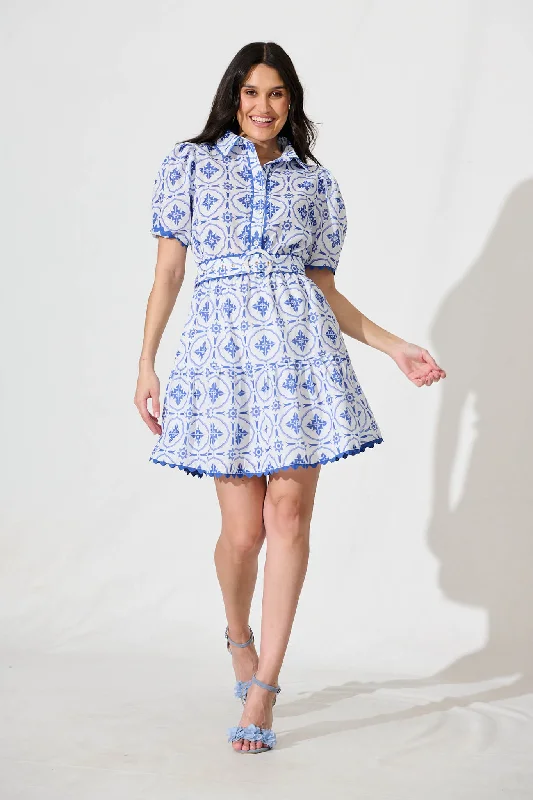 Limited Deals, Unlimited Savings!Sariah Dress in White with Blue Tile Linen Blend