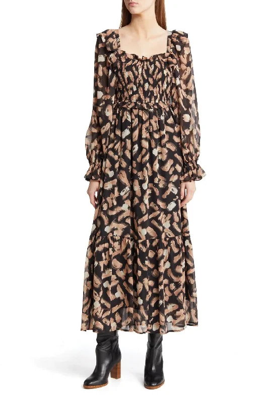 Sale Alert – Get Ready to Shop!Shirred Square Neck Ruffle Midi Dress In Black Floral