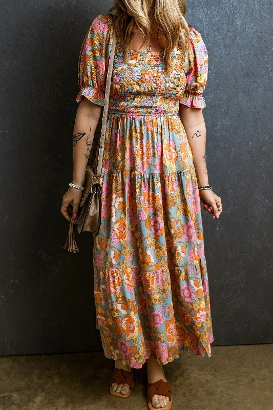 Shop More, Spend Less!Floral Smocked Short Sleeve Dress