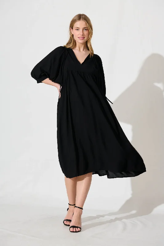 Limited Time Offer!Spring Afternoon Midi Smock Dress In Black