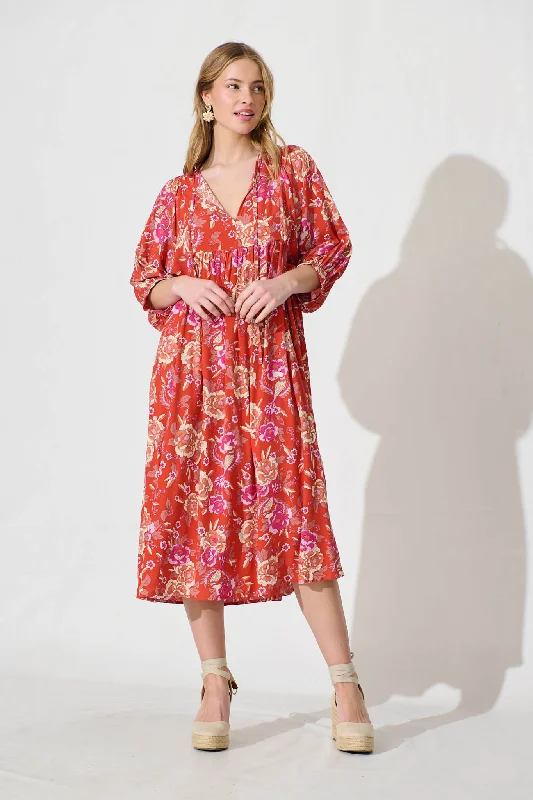 Today Only – Don’t Miss It!Spring Afternoon Midi Smock Dress In Dark Tangerine With Multi Floral