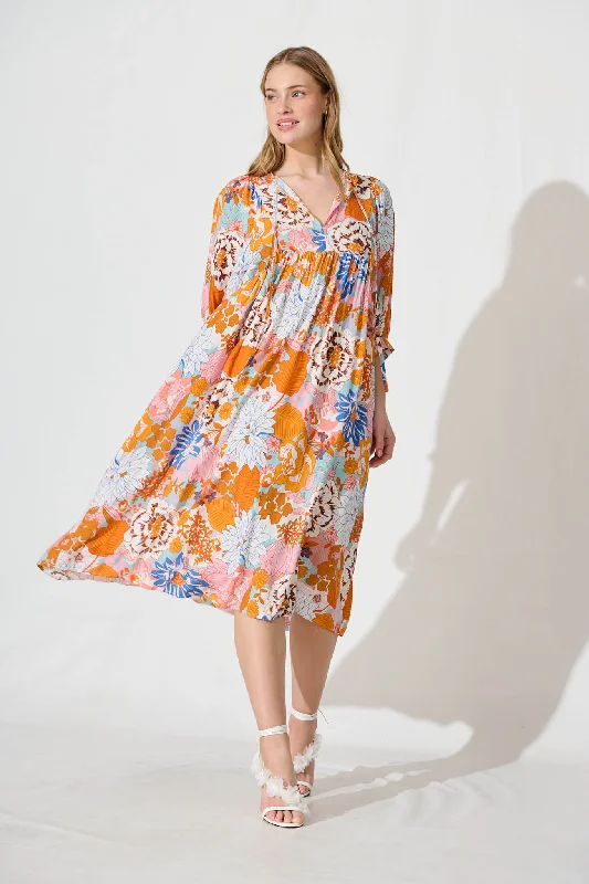 Best Offers of the Month!Spring Afternoon Midi Smock Dress In Orange Multi Floral
