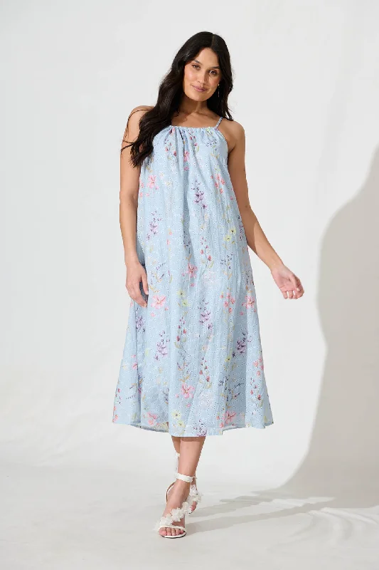 Massive Price Cuts!Sunetta Midi Sundress in Pale Blue Floral Textured Broderie