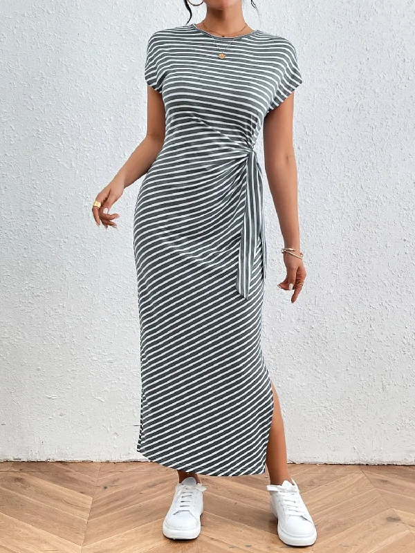 Huge Savings – Act Now!Tied sheer striped tee dress