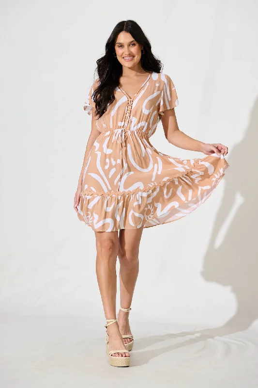 Save Like Never Before!Tully Dress in Beige With White Print Ric Rac Trim