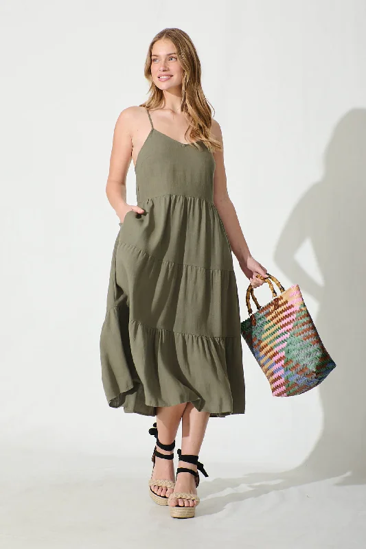 Mega Sale Happening Now!Utopia Midi Sundress in Khaki Linen Blend