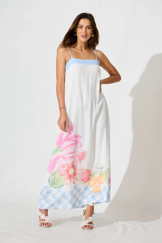 Only a Few Left – Order Now!Vandalia Maxi Sundress In White With Multi Linen Blend