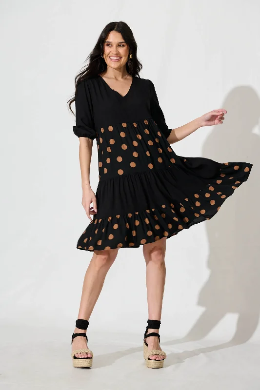 One Day Only – Huge Savings!Vitria Smock Dress in Black with Brown Spot