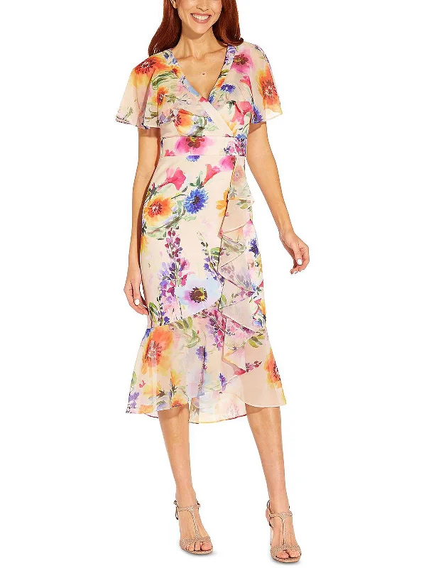 Unbeatable Prices!Womens Floral Print Faux Wrap Midi Dress