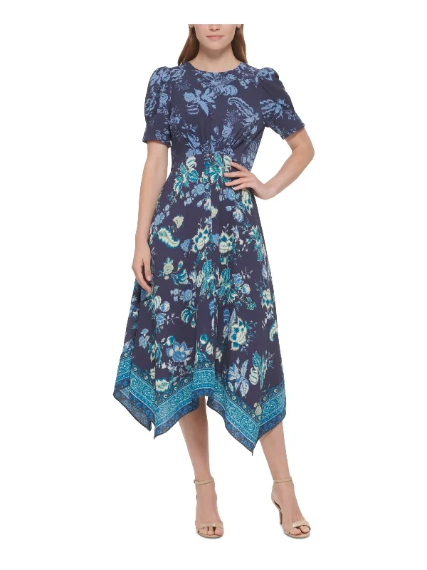Get More for Less!Womens Floral Print Puff Sleeve Midi Dress