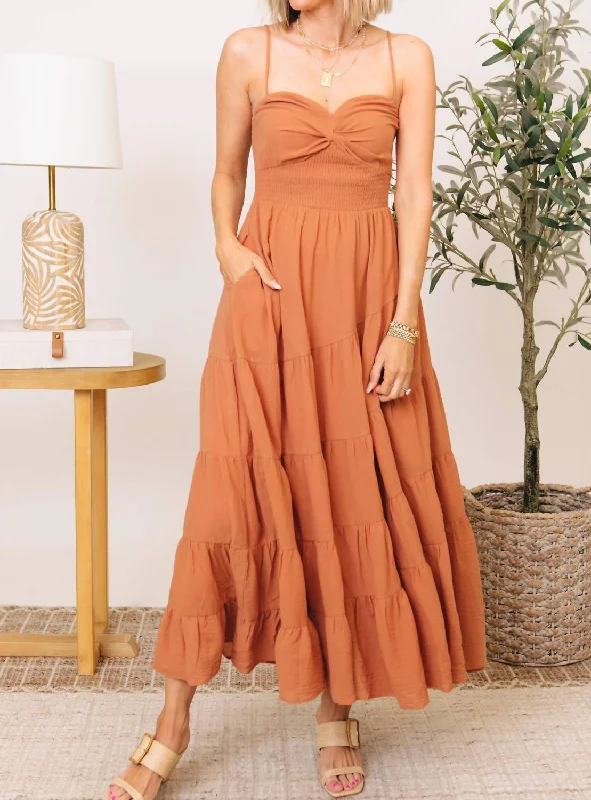 Huge Savings – Act Now!Breezy Smocked Bodice Tiered Maxi Dress In Apricot