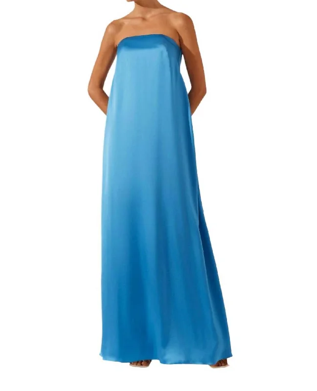Limited Stock Available!Ciel Silk Strapless Column Maxi Dress In Aqua