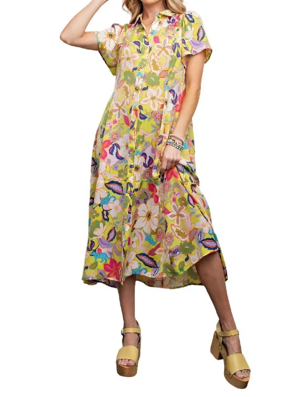 Shop the Hottest Deals!Floral Print Mirabelle Satin Shirt Maxi Dress In Pineapple