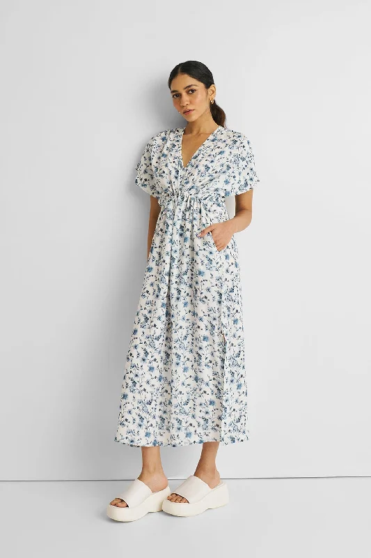 Don’t Wait – Shop Today!Gathered Maxi Dress in Blue Florals