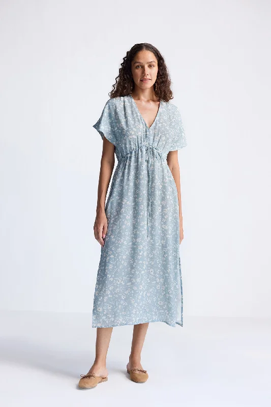 Your Chance to Save is Now!Gathered Maxi Dress in Light Blue Florals