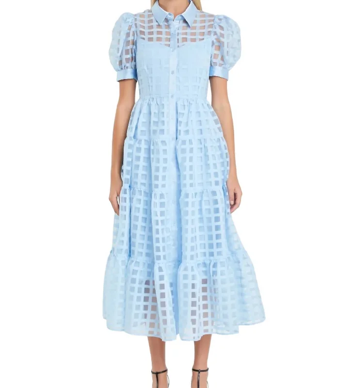 Your Chance to Save is Now!Gridded Organza Tiered Maxi Dress In Powder Blue
