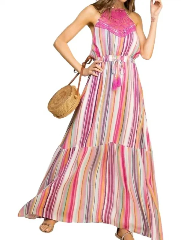 Best Price of the Season!Halter Neck Lace Front Maxi Dress In Pink