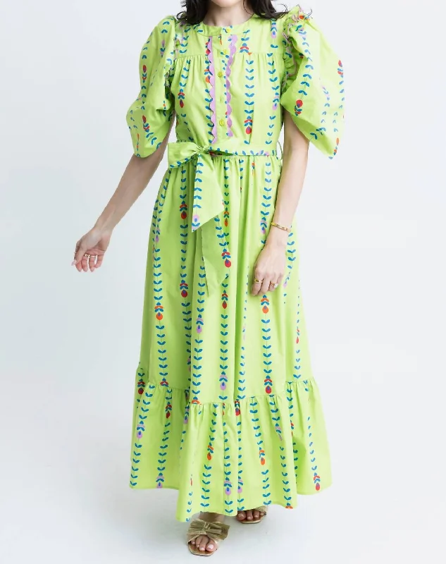 Time to Snag a Bargain!Mod Floral Vine Poplin Ruffle Maxi Dress In Lime Green