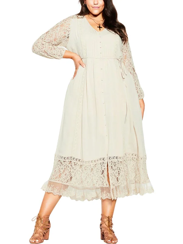 One Day Only – Huge Savings!Plus Womens Lace Inset Long Sleeves Maxi Dress