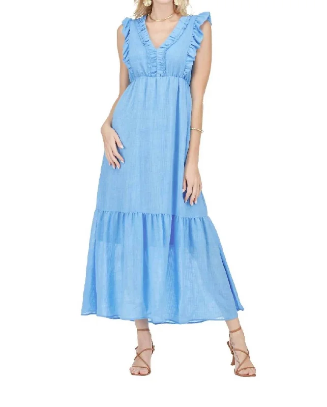 Snag the Best Prices Now!Ruched V-Neck Maxi Dress In Sky