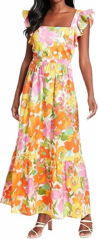 Get More for Less!Ruffle Sleeve Square Neck Maxi Dress In Ivory/pink