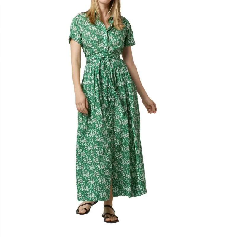 Grab Yours Before It’s Too Late!Short-Sleeved Classic Shirtwaist Maxi Dress In Green Capel Liberty Fabric