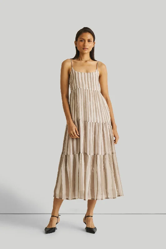 Price Drops You’ll Love!Strappy Tiered Maxi Dress in Beige Stripes