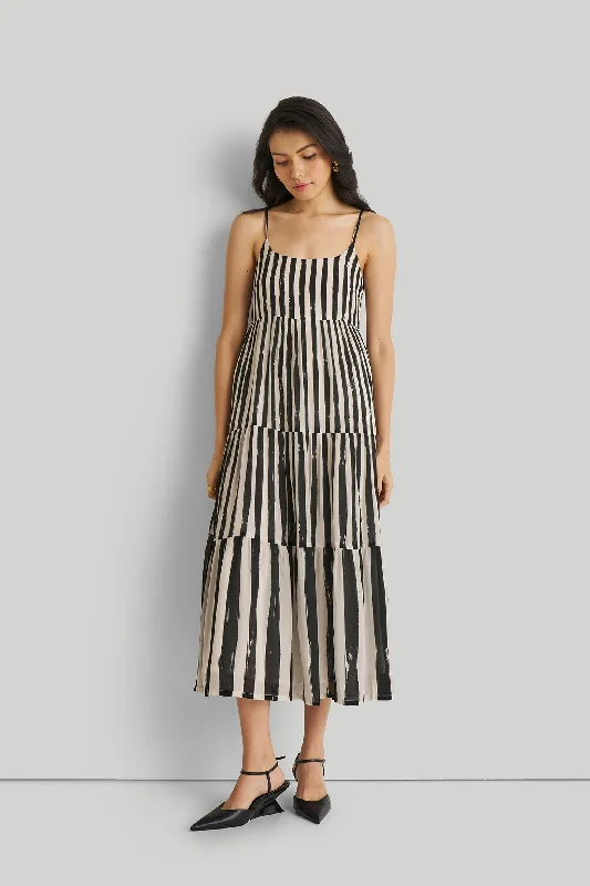 Bigger Savings, Better Shopping!Strappy Tiered Maxi Dress in Black Stripes