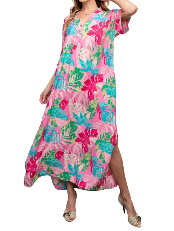 Everything Must Go!Tropical Print Peach Blossom Maxi Dress In Bubble Gum