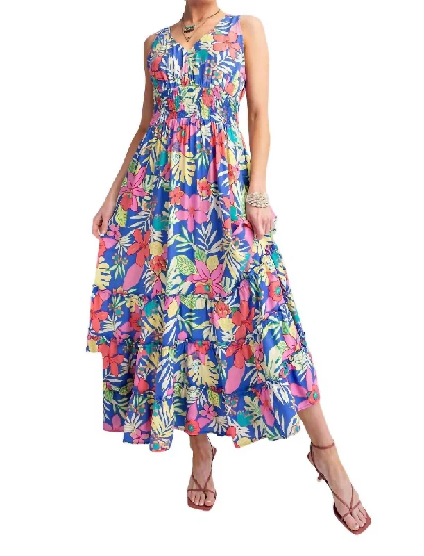 Save Money, Shop Happy!Tropical Print Peach Blossom Maxi Dress In Peri Blue