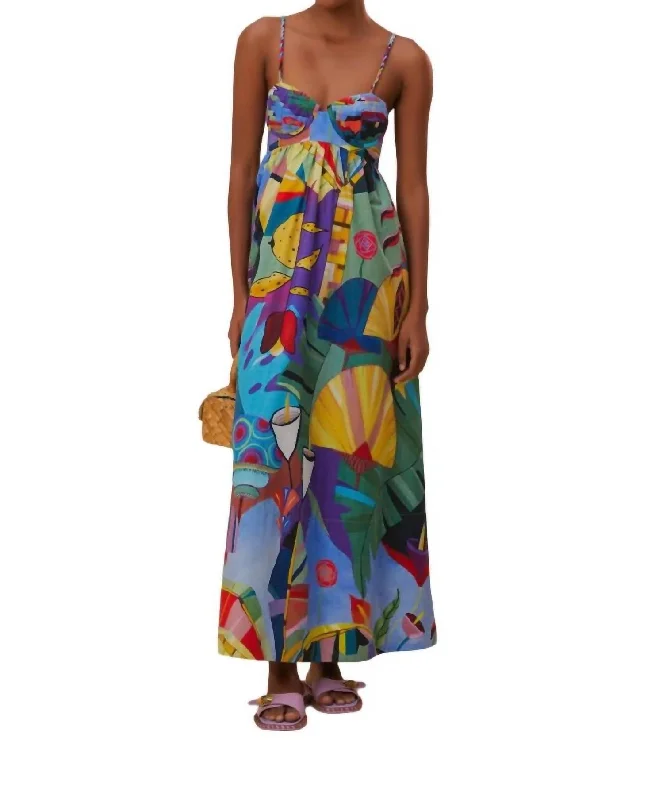Get Ready to Save!Tropical Scenario Sleeveless Maxi Dress In Multi