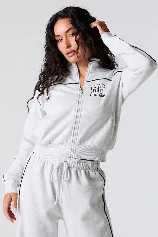 Limited Time Offer!Graphic Fleece Zip-Up Cropped Sweatshirt