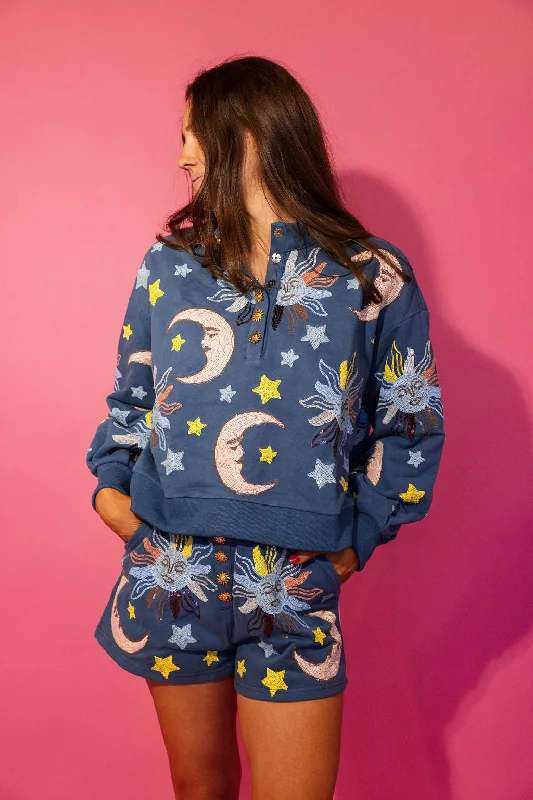 Crazy Discounts Inside!Midnight Blue Stars & Moon Henley Sweatshirt
