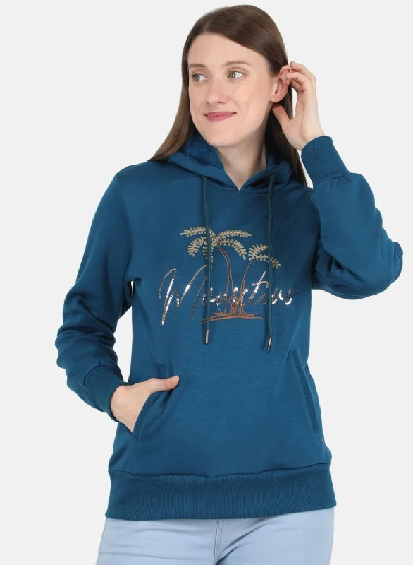 Unlock Huge Savings Now!Women Teal Blue Embroidered Sweatshirt