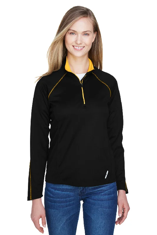 Only a Few Left – Order Now!North End Womens Radar Performance Moisture Wicking 1/4 Zip Sweatshirt - Black/Campus Gold - Closeout Only a Few Left – Order Now!North End Womens Radar Performance Moisture Wicking 1/4 Zip Sweatshirt - Black/Campus Gold - Closeout