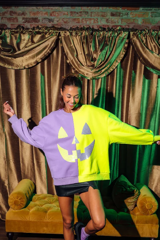 Shop Before It’s Gone!Purple & Neon Green Split Pumpkin Face Sweatshirt