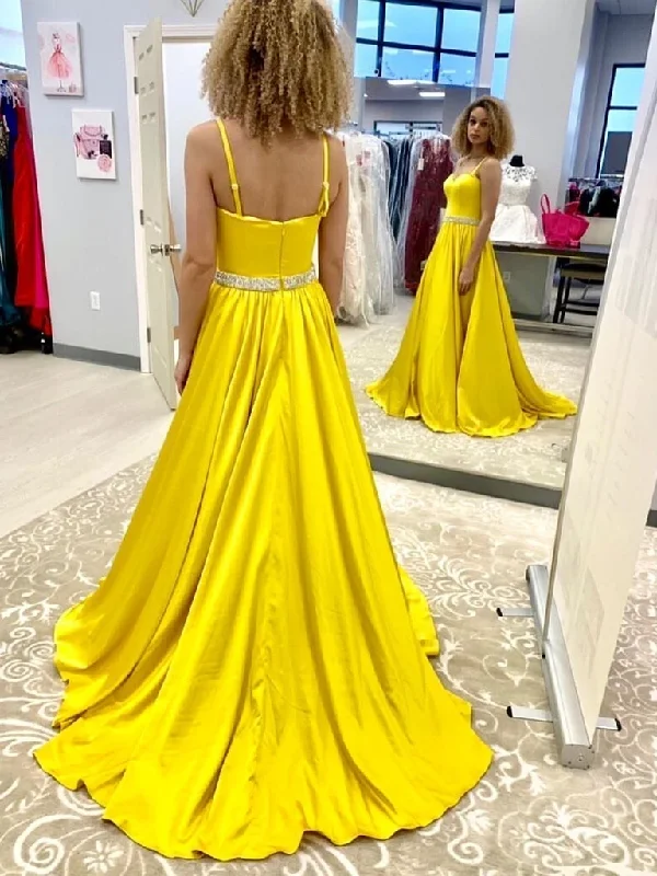 Find the Best Deals Here!A Line Open Back Yellow Long Prom Dresses with Belt, High Slit Yellow Formal Dresses, Yellow Evening Dresses cg22112 Find the Best Deals Here!A Line Open Back Yellow Long Prom Dresses with Belt, High Slit Yellow Formal Dresses, Yellow Evening Dresses cg22112