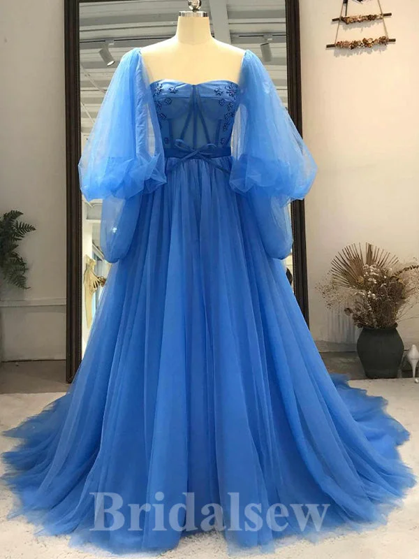 Must-Have Deals Inside!Must-Have Deals Inside!A-line Tulle Blue Long Sleeves Princess Pretty Long Women Evening Prom Dresses PD728